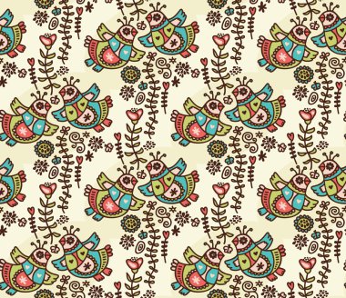 Seamless pattern with folk birds, hearts and flora. clipart