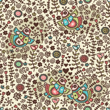 Seamless pattern with romantic birds in folk style. clipart