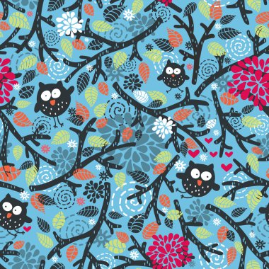 Seamless pattern with owls and floral elements on blue. clipart