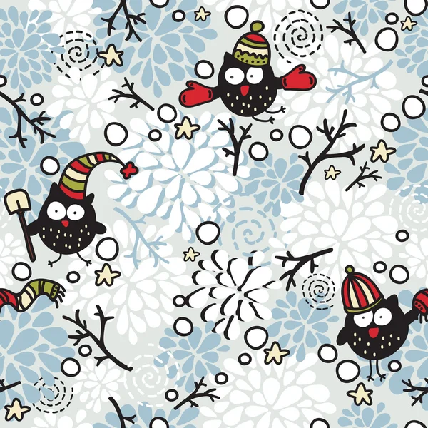 冬季无缝模式与猫头鹰和雪. — 图库矢量图片