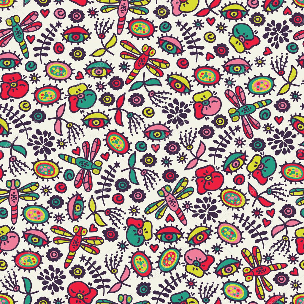 Seamless pattern with dragonfly, hearts and flora.