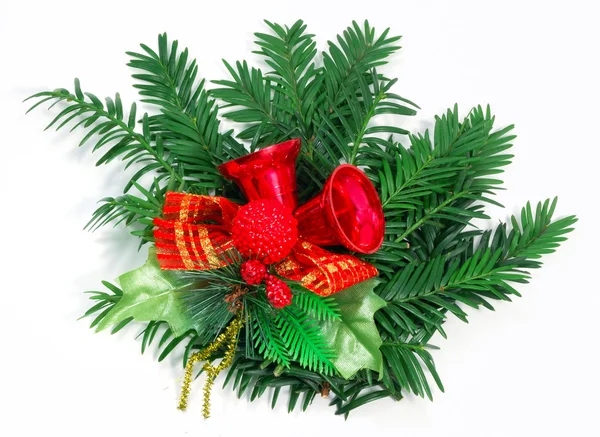 Vánoční Složení Větve Jedle Hračkami Izolované Bílém — Stock fotografie