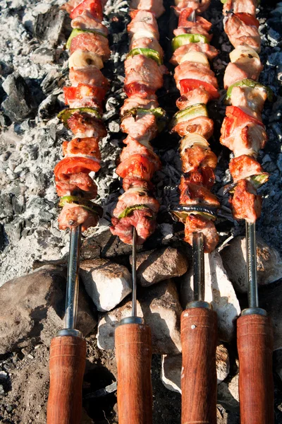 Barbecue avec brochettes de viande crue — Photo