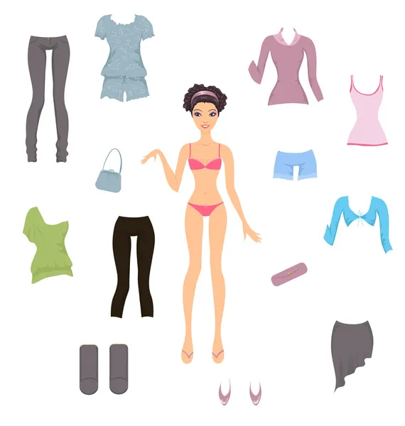 Cute paper doll with assortment of clothes — Stock Vector