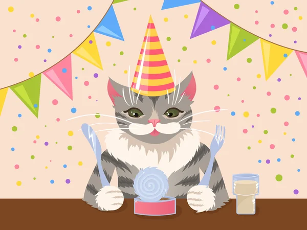 Gato bonito comemorando seu aniversário — Vetor de Stock