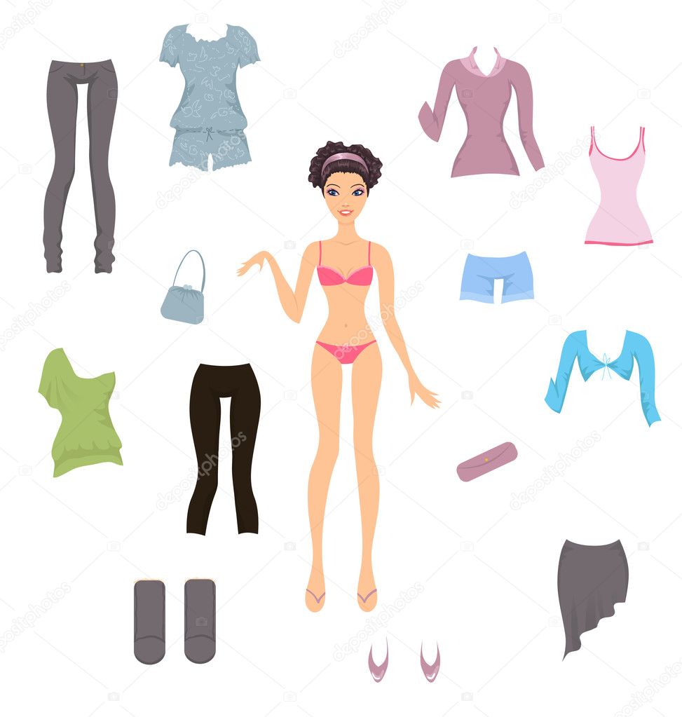 Cute paper doll with assortment of clothes