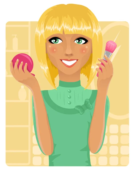 Dziewczyna stosowania proszku z makijażu pędzel — Wektor stockowy
