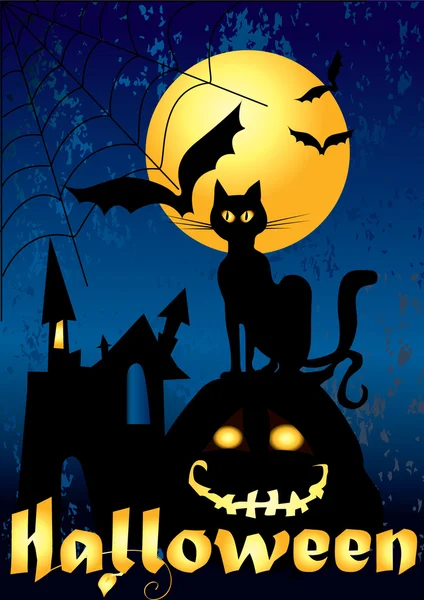 Halloween karta s černou kočkou — Stockový vektor
