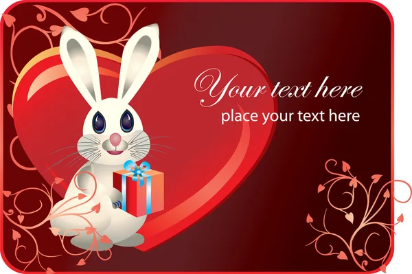 Red Valentinei Card White Rabbit — Stock Vector