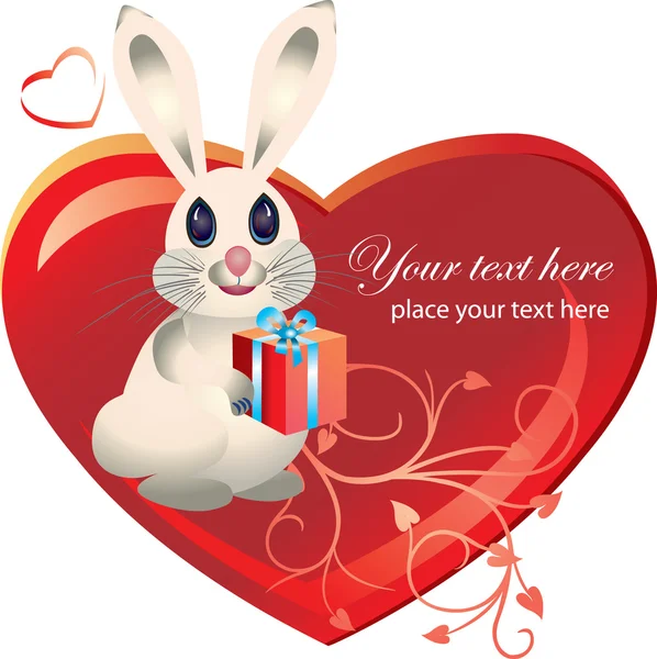 Красное Сердце Белым Кроликом Подарком — стоковый вектор