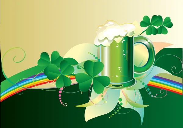 Patrick Card Green Beer Clover Rainbow Green Background — Stock Vector