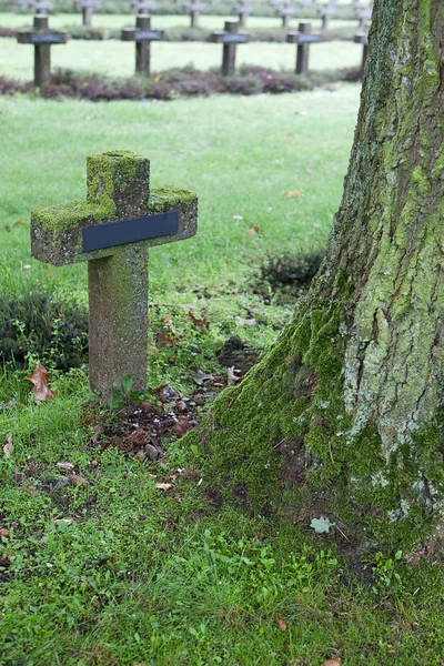 Crosses at cemetery in autumn mist — Stock Photo, Image