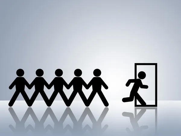 Paper Chain Figures Running Away Escape Trough Emergency Exit Evacuation — Stock Photo, Image