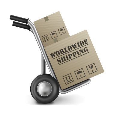 Worldwide shipping cardboard box hand truck clipart