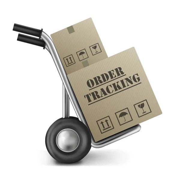 Order tracking cardboard box hand truck — Stock Photo, Image