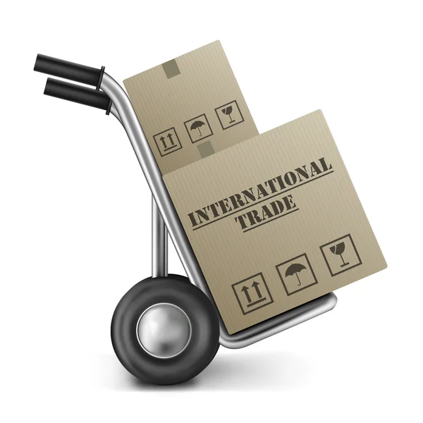 Mezinárodní obchod ruční vozík lepenkové krabice — Stock fotografie