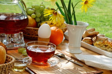 Breakfast tea and simple food in the garden. clipart