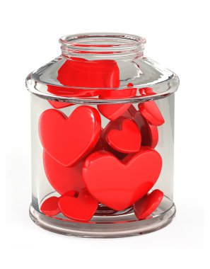 Glass jar filled with hearts on white background clipart