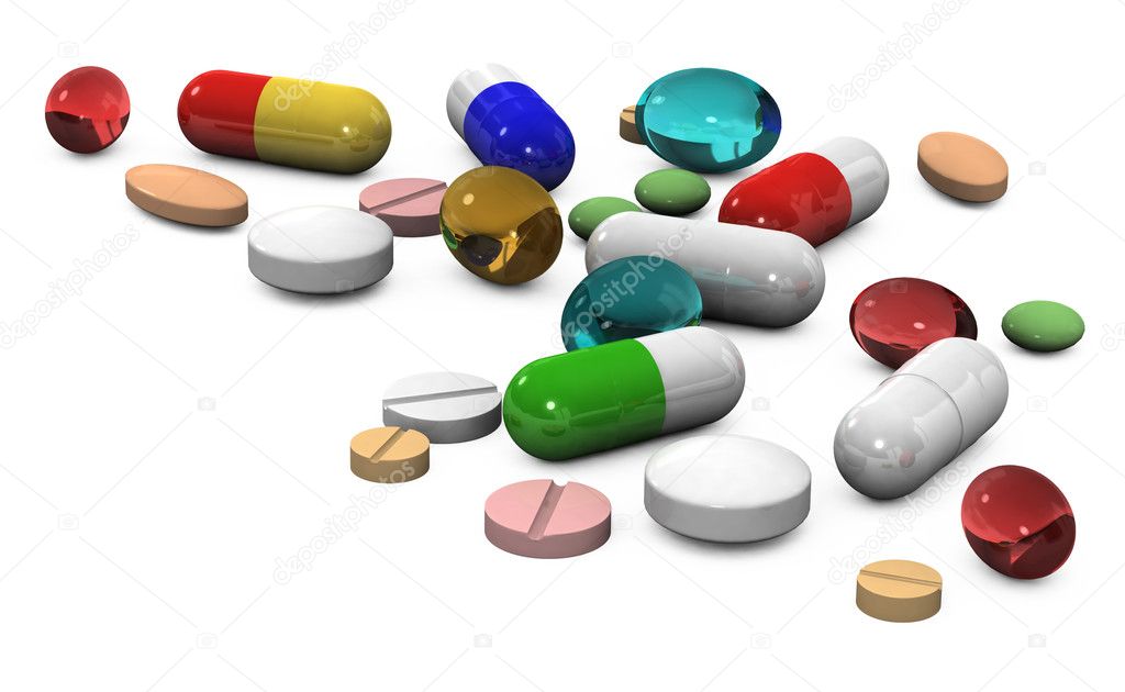 3d different tablets and pills on a white background