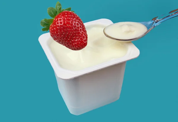Yogurt Fruit Blue Background — Stock Photo, Image