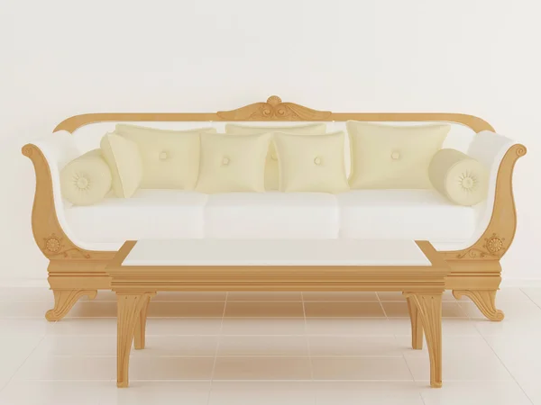 Sala de estar, sofá blanco clásico con mesita — Foto de Stock