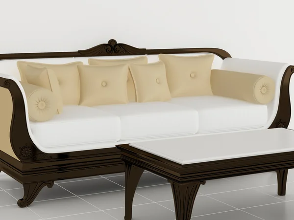 Obývací pokoj, klasické bílé pohovce s stolku — Stock fotografie