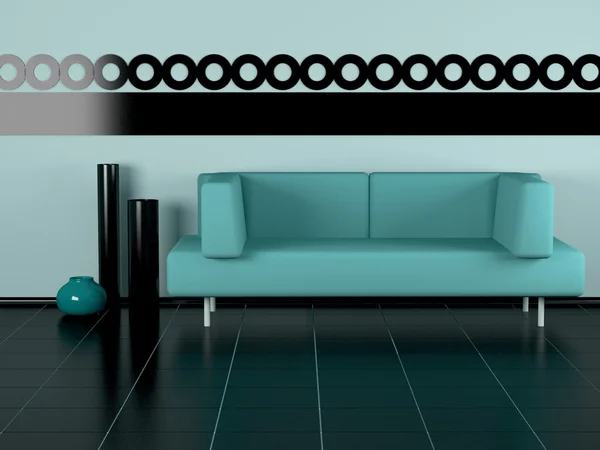 Grünes Sofa, drei Vasen im Zimmer — Stockfoto