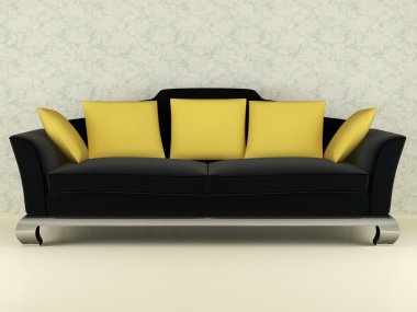 Modern black sofa indoor, 3d clipart