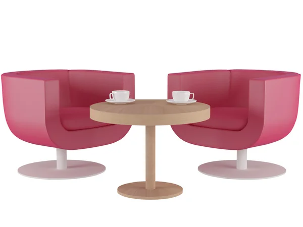 Deux fauteuils roses et une table basse en bois isolés — Photo