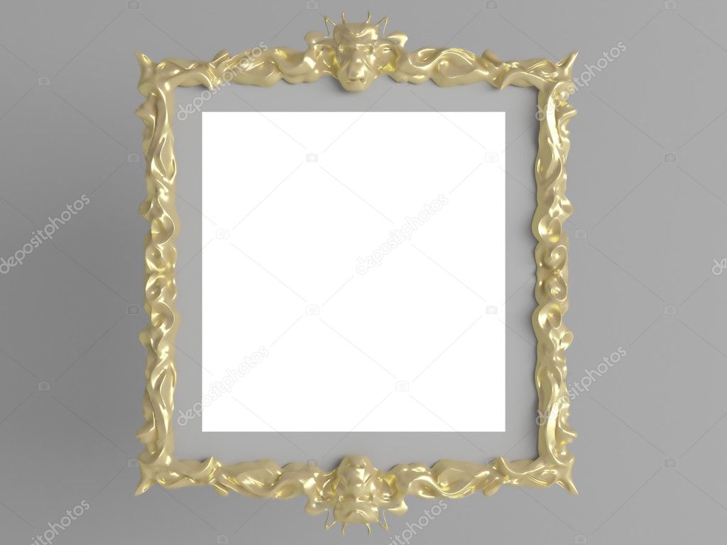 Empty gold wall picture frame, render
