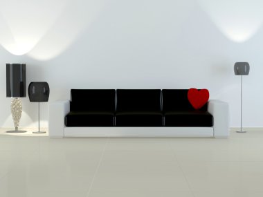 Design interior of elegance modern living room, black and white sofa with red pillow in shape of heart, flour lamps, 3d rendering clipart