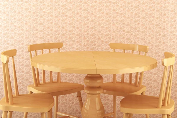 Étkezde, kerek fa asztal négy székkel — Stock Fotó