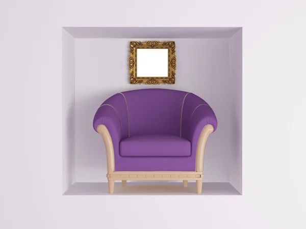 Классическое Фиолетовое Кресло Золотая Пустая Рама Перед Белой Стеной Рендеринг — стоковое фото