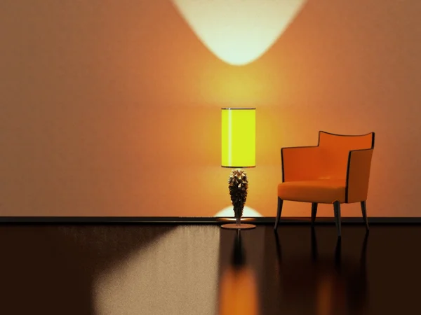 Design de interiores moderno, sofá vermelho amarelo lâmpada de assoalho interior — Fotografia de Stock