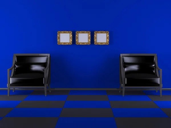 Projekt Wnętrz Luksusowy Salon Dwa Fotele Trzy Klasyczne Ramki Ścianie — Zdjęcie stockowe