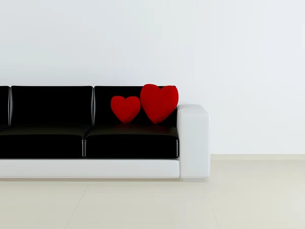 Nowoczesny Design Wnętrza Salonu Czarno Biały Sofa Czerwone Poduszki Kształcie — Zdjęcie stockowe
