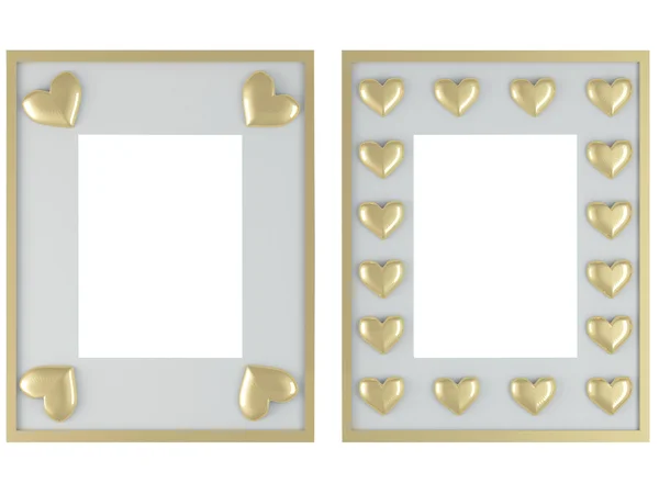 Zwei Weiße Rahmen Mit Goldenen Herzen Isoliert Auf Weiß Eigenes — Stockfoto
