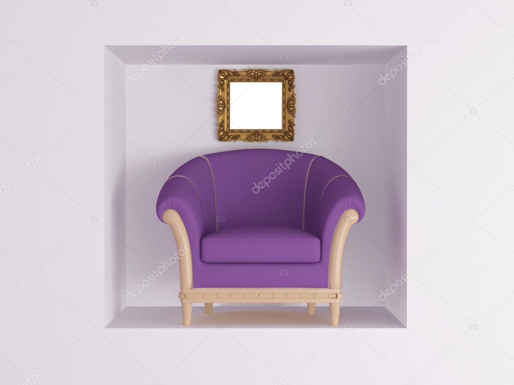 Classic violet armchair, gold empty frame in front of white wall, rendering