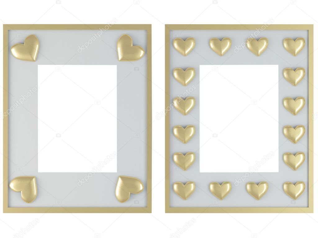 Two white frames with gold hearts isolated on white, insert your own design, 3d render