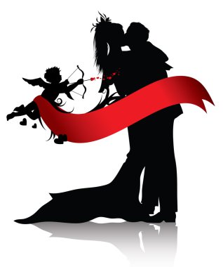 Silhouettes of couple and cupid with red banner isolated on white background.You can find similar images in portfolio clipart