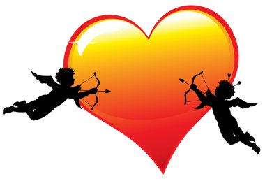 Two cupid silhouettes with a big glossy heart isolated on white background clipart