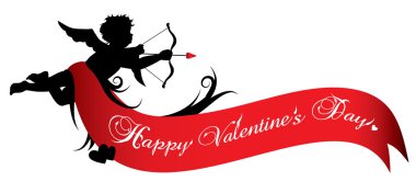 Cupid silhouette with red ribbon isolated on white background clipart