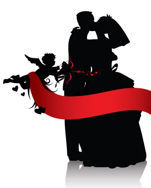 Siluetas Pareja Boda Cupido Con Banner Rojo Aislado Sobre Fondo — Archivo Imágenes Vectoriales