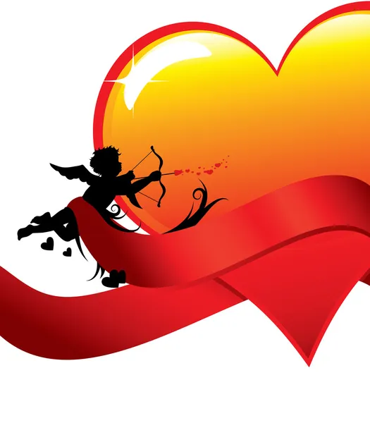 Silhouette Cupidon Avec Rubans Grande Illustration Coeur Brillant — Image vectorielle