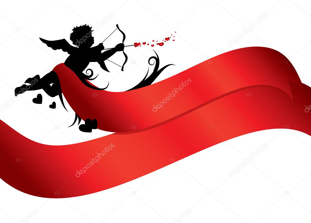 Cupid silhouette with red ribbons isolated on white background