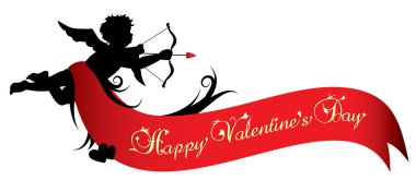 Cupid silhouette with red ribbon isolated on white background clipart