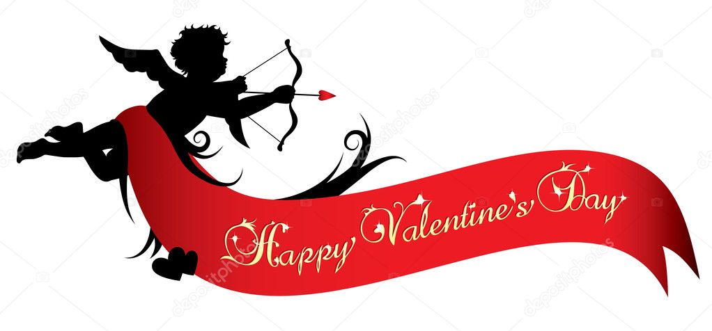 Cupid silhouette with red ribbon isolated on white background