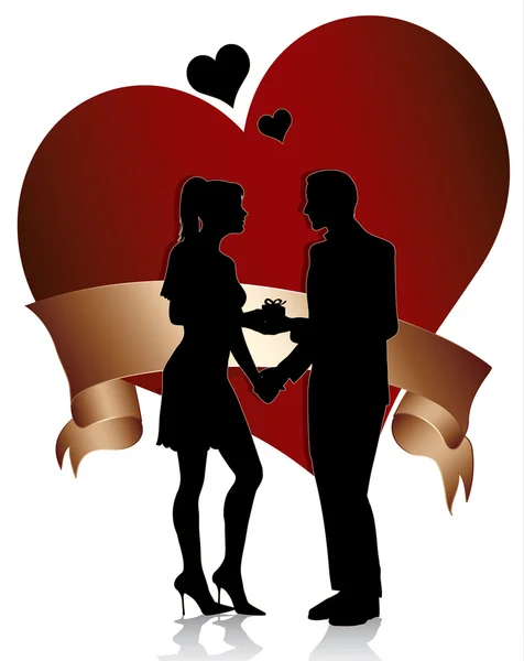 Ein Mann Heiratsantrag Frau Mit Geschenkbox Paar Silhouette Mit Herz — Stockvektor