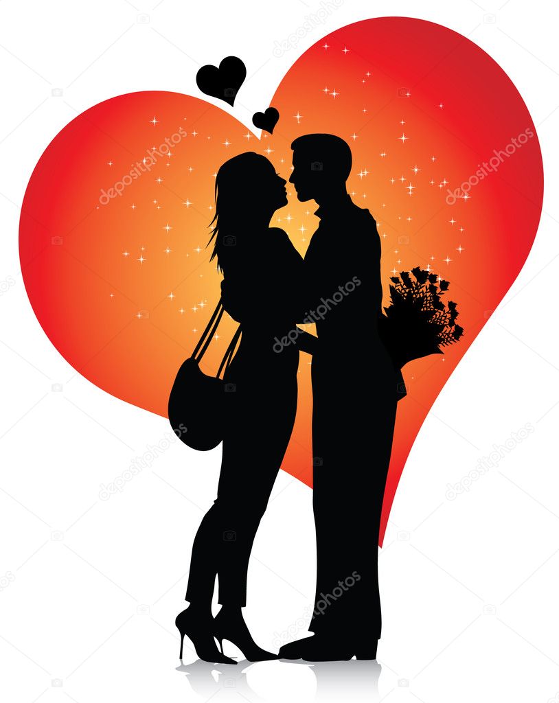 Couple silhouette with hearts isolated on white background