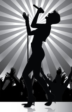 Pop singer performing on stage with crowd cheering clipart